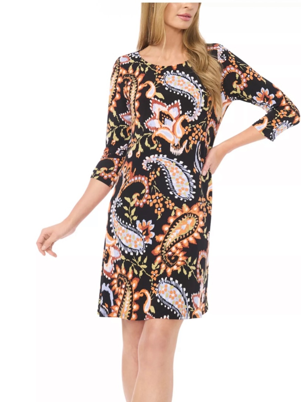 Burgundy on Black Paisley Midi Dress with Pink and Blue Motifs